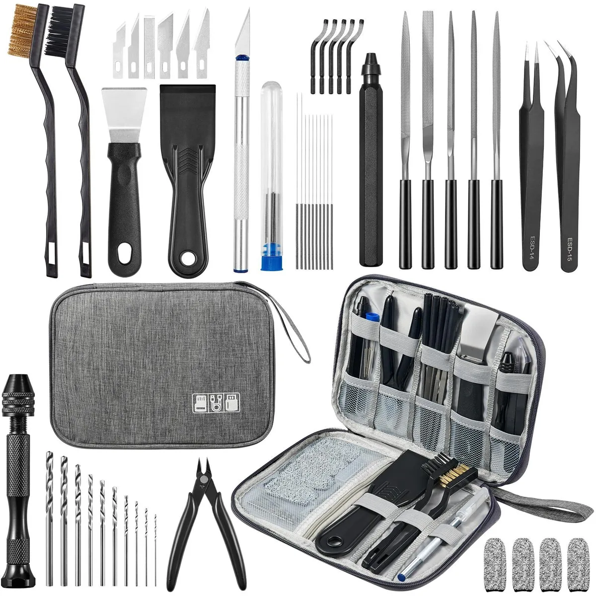 Open black storage case holding 51 assorted 3D printing tools including scrapers files brushes hand drill tweezers