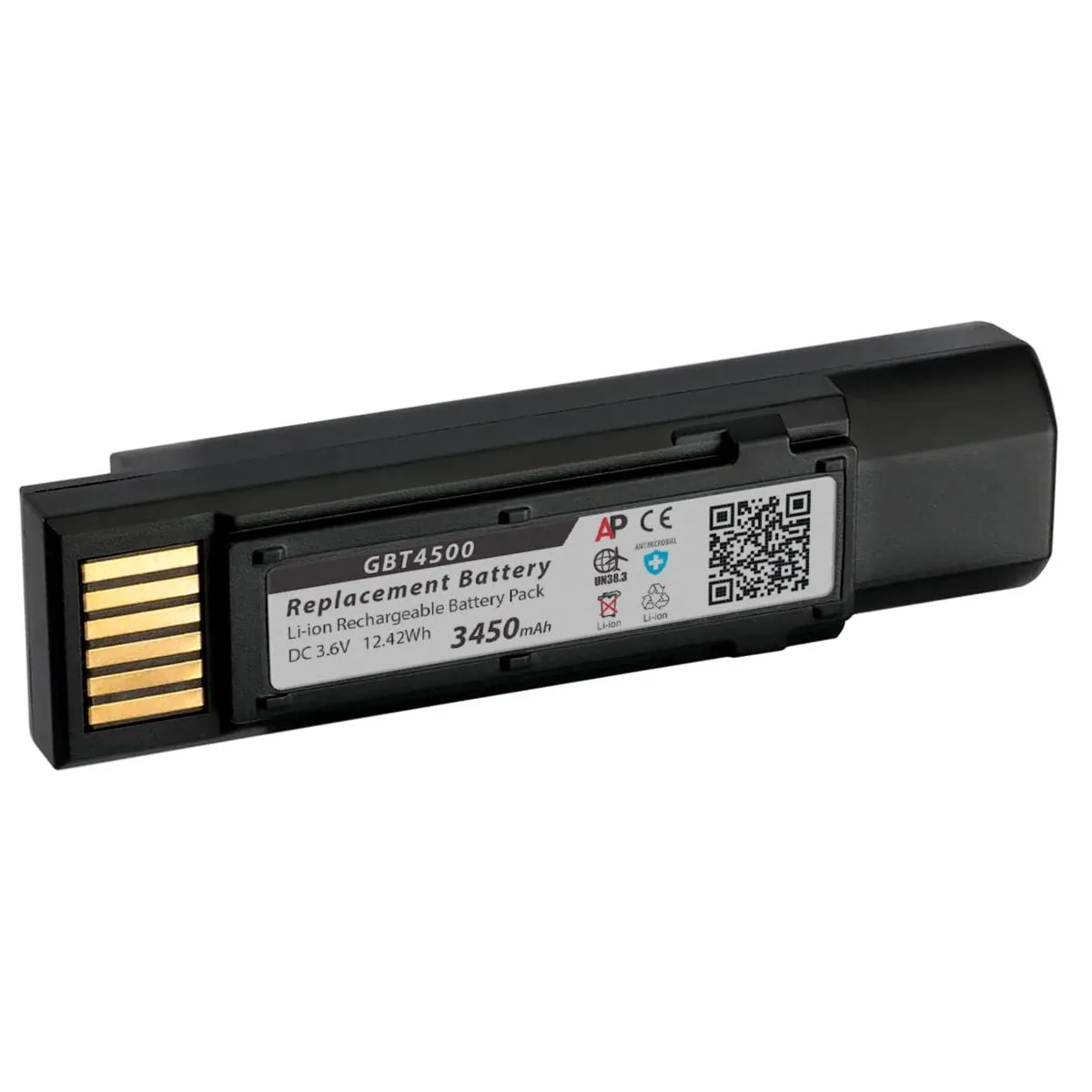 Rectangular lithium-ion battery pack with label showing 3450 mAh capacity