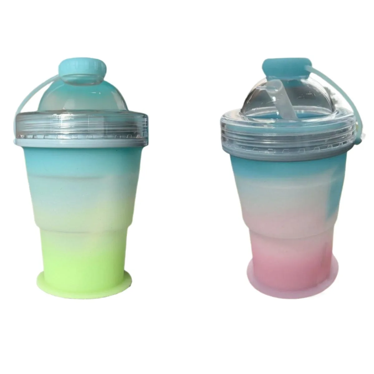 Two foldable silicone ice ball cups with straws and lids in gradient green and pink