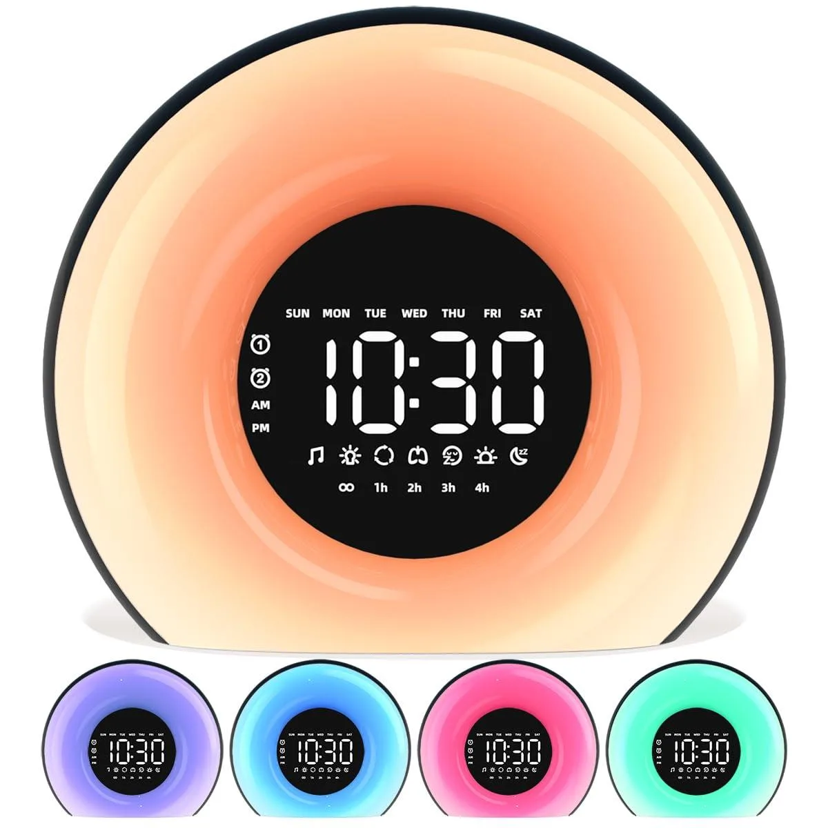 Black rectangular digital alarm clock with rounded edges and matte finish, 5.71 by 2.17 by 4.92 inches