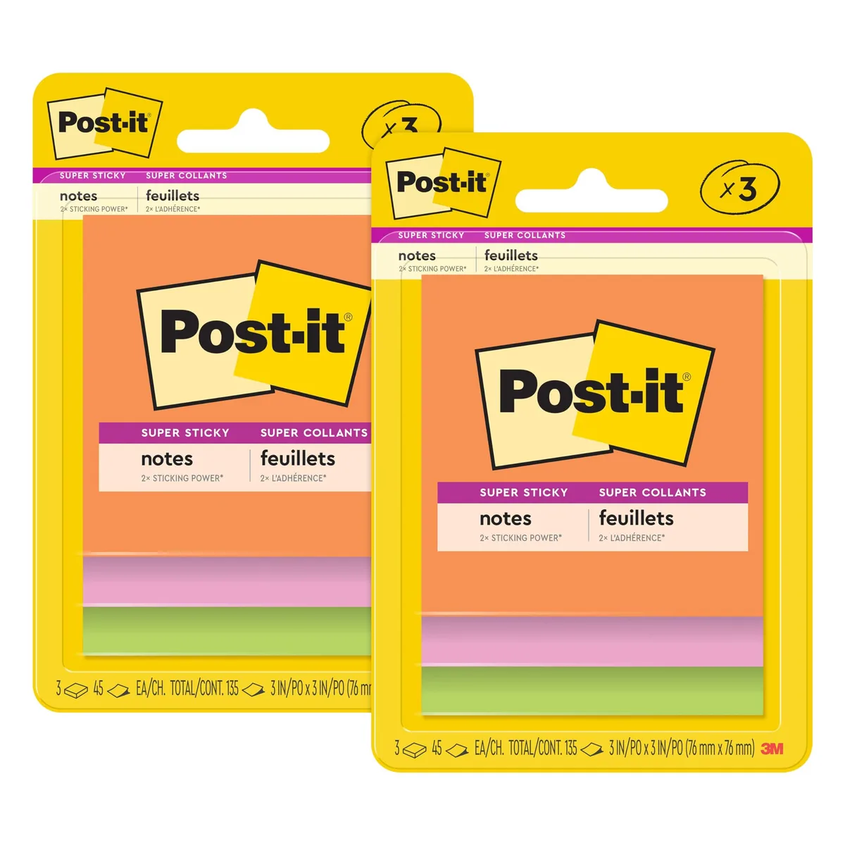 Four square sticky note pads in vibrant orange pink and lime green colours