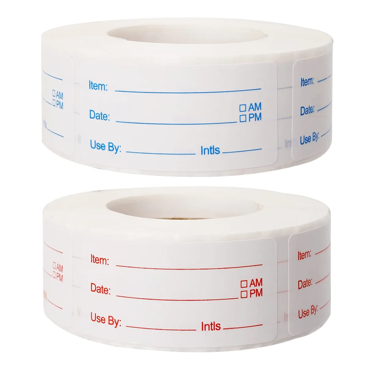 Two rolls of blue and red rectangular paper labels on white backing
