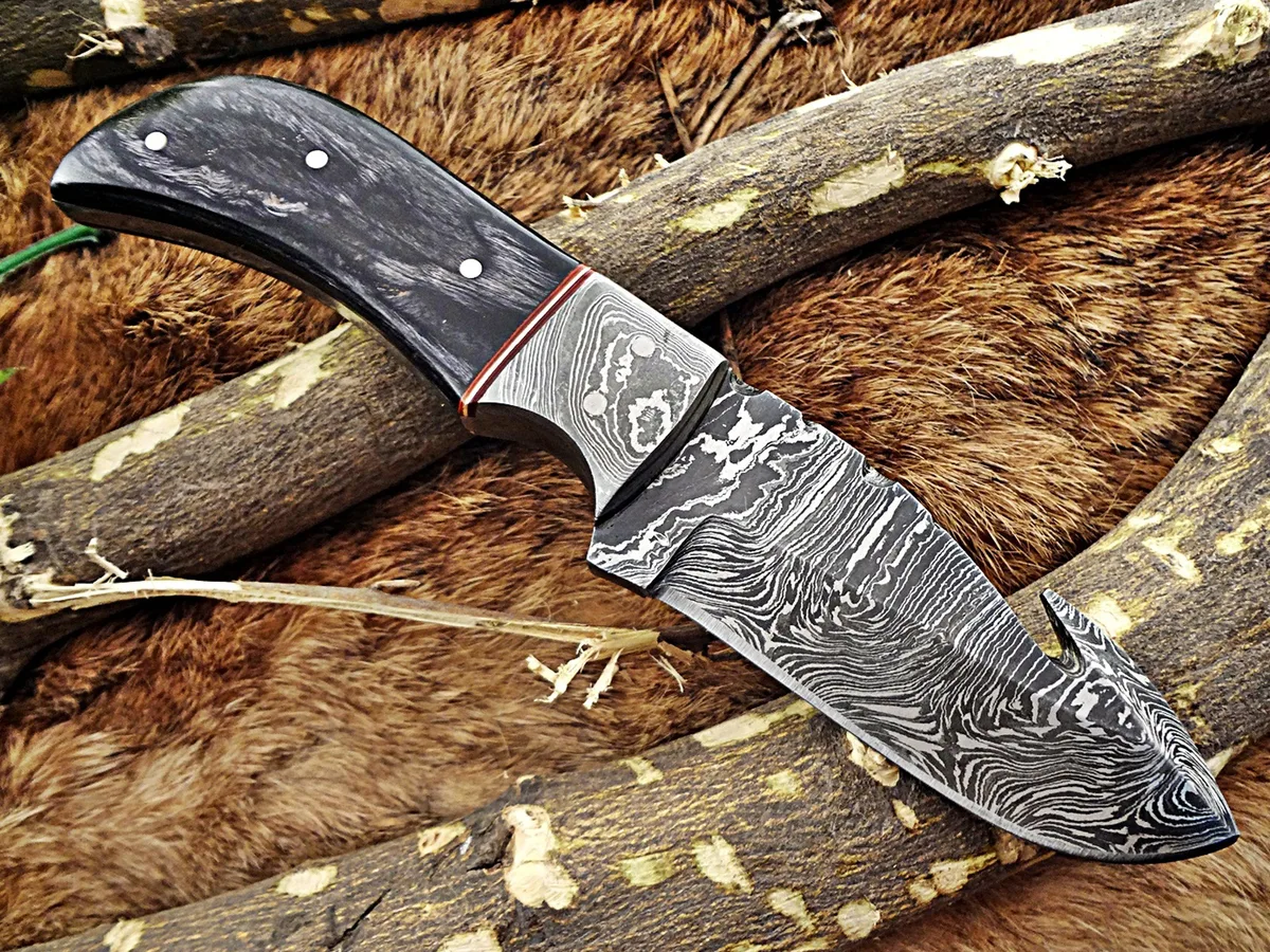 Damascus Depot Damascus Depot 7.5" Damascus Steel Gut Hook Pocket Knife Wood Handle Leather Sheath — product photo