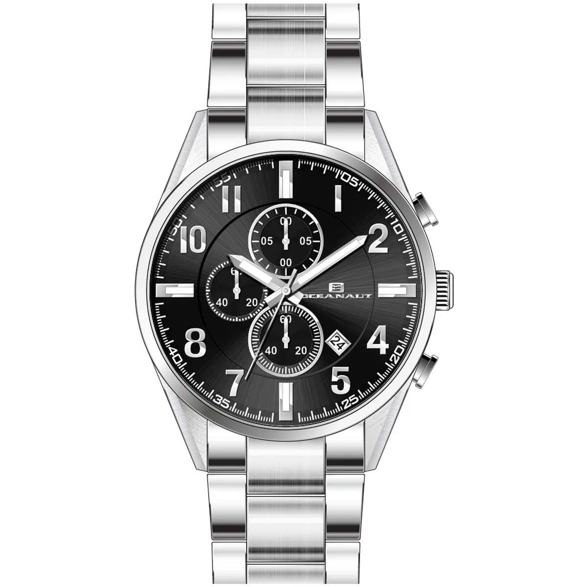 Stainless steel watch with black dial and chronograph sub-dials on metal bracelet