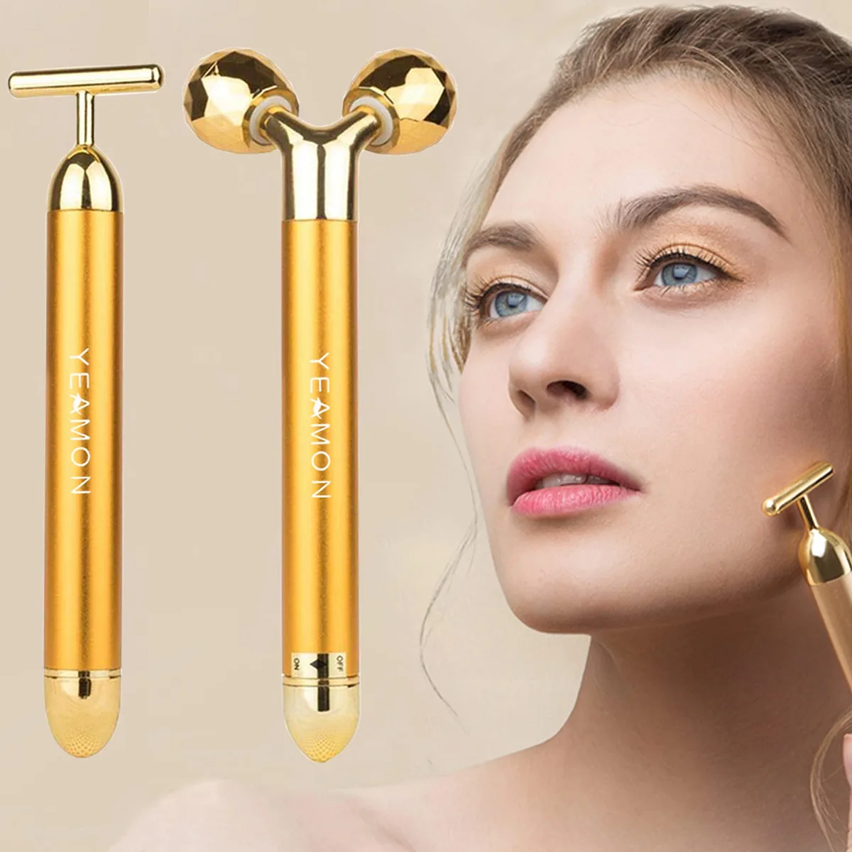 Golden 2-in-1 facial massager with 3D roller and T-shape head, metal finish, 200g
