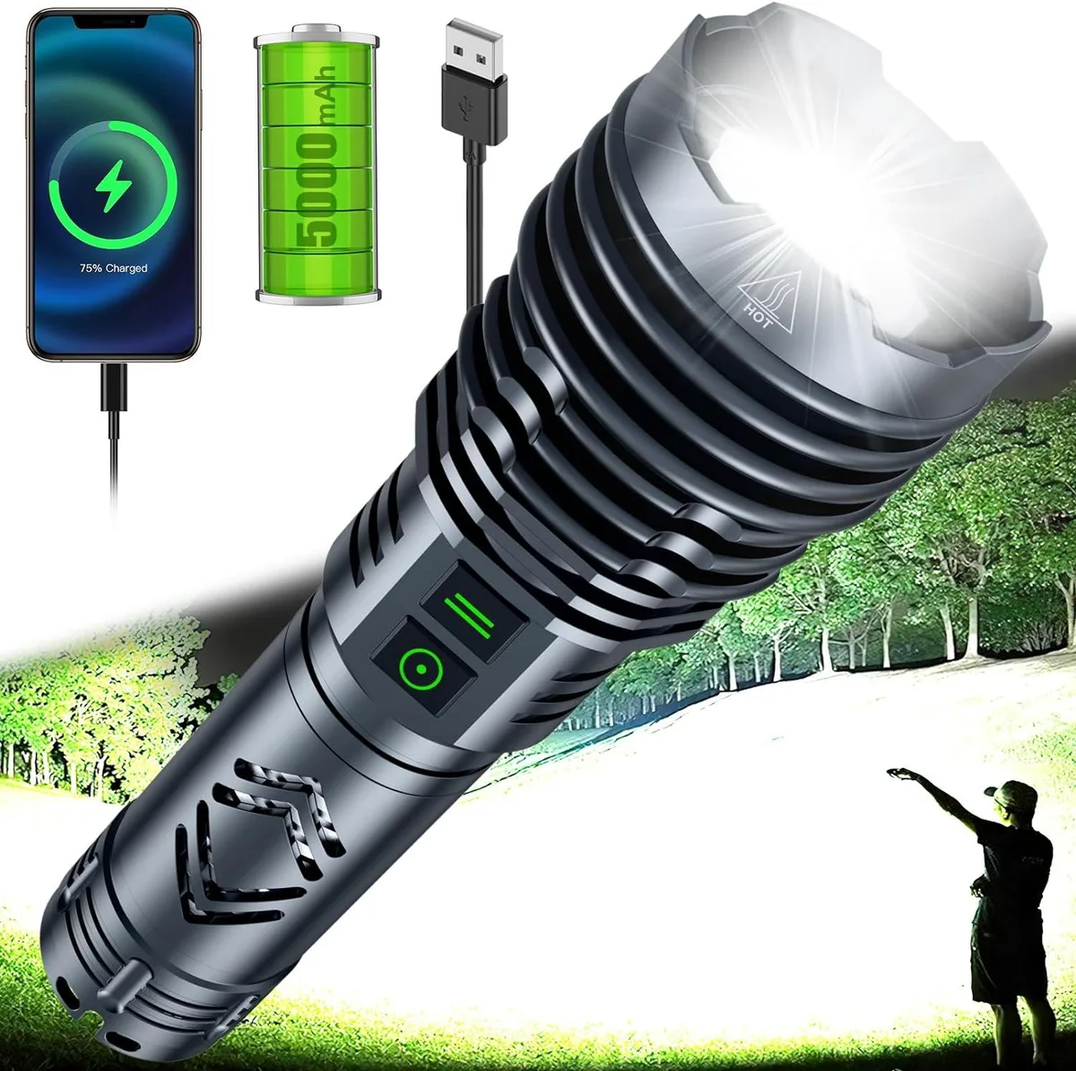 Black cylindrical handheld flashlight with textured grip and zoomable head