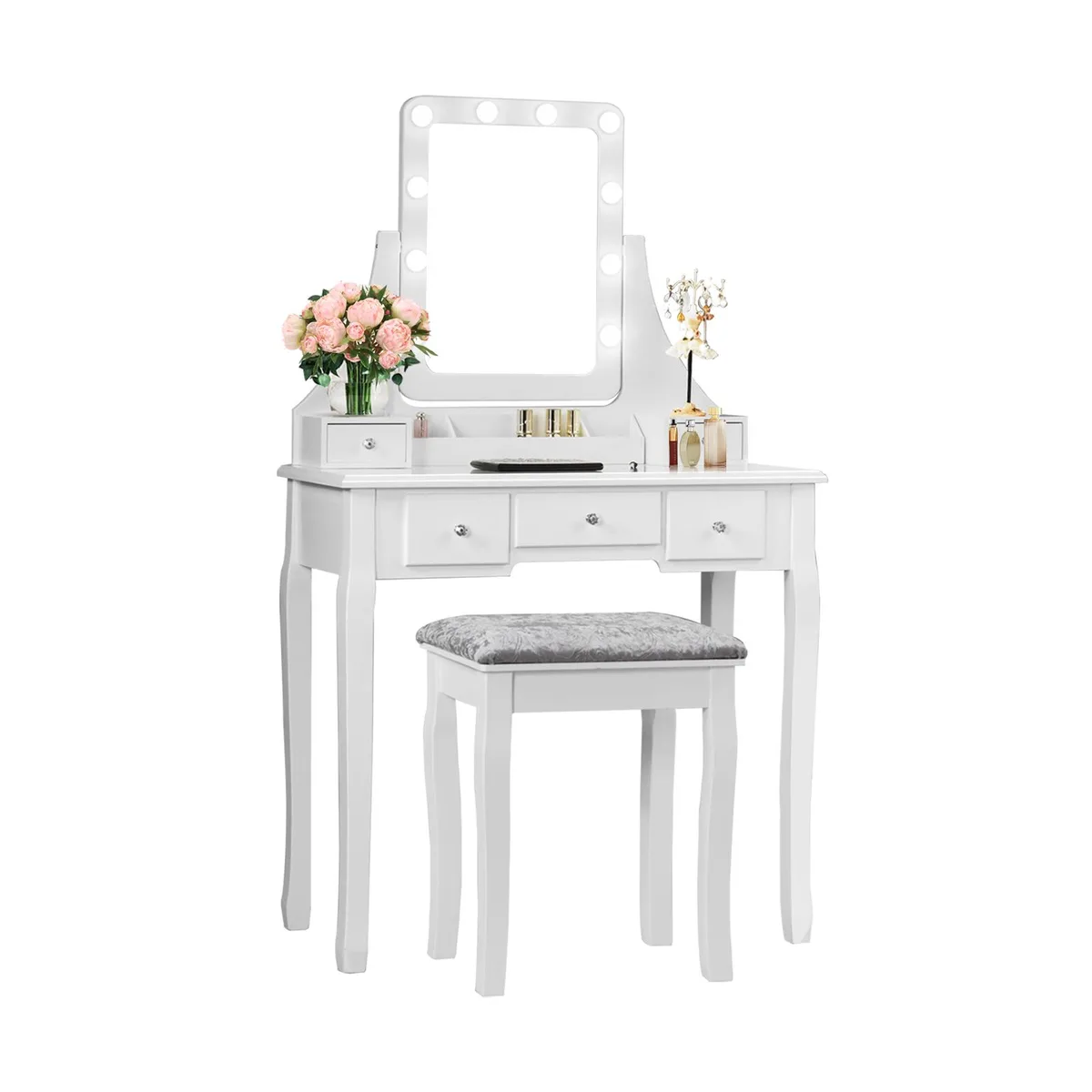 White vanity table with 10 LED bulbs, round mirror, three large drawers, two small drawers, matching cushioned stool