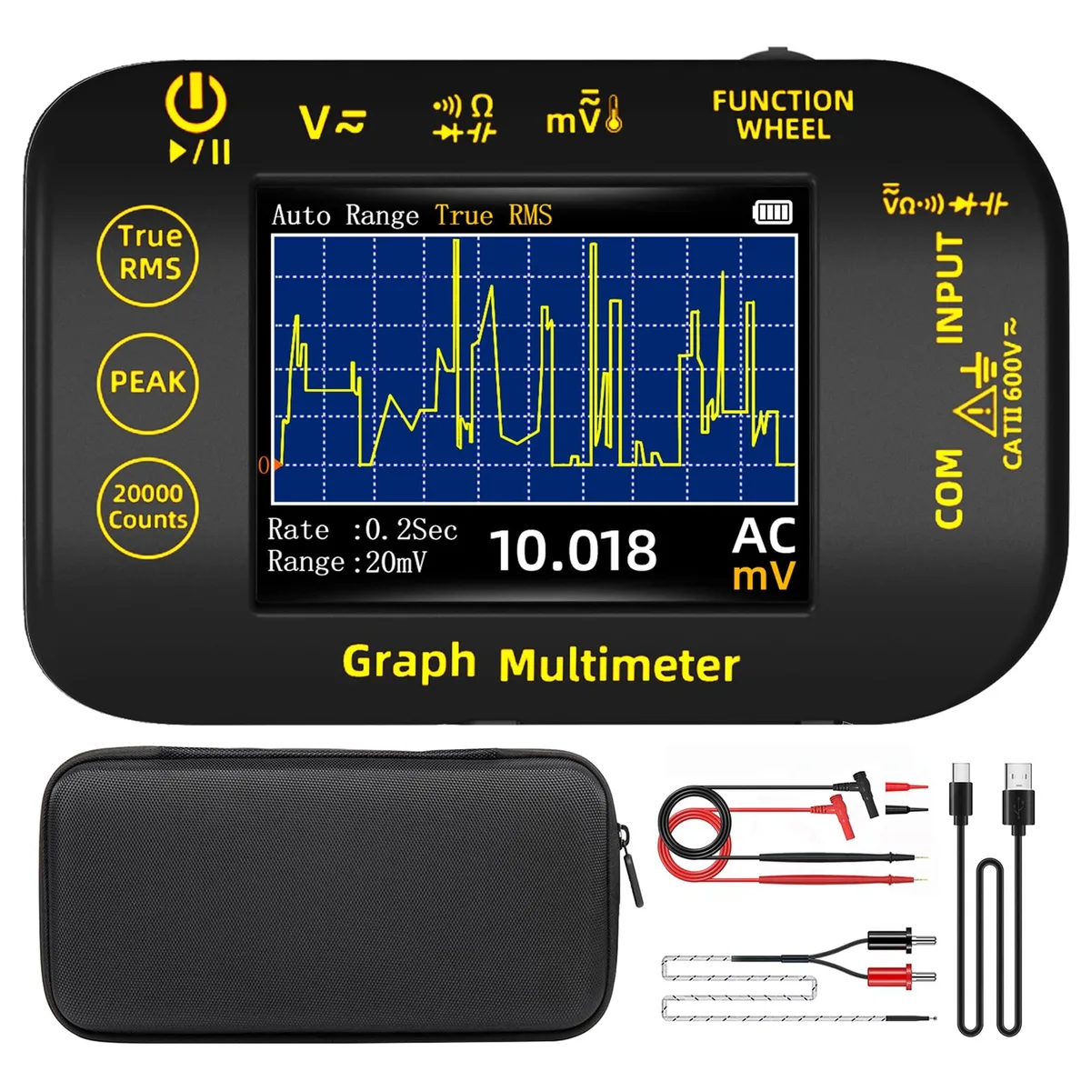 Compact orange multimeter with 2.8 inch color screen and test leads