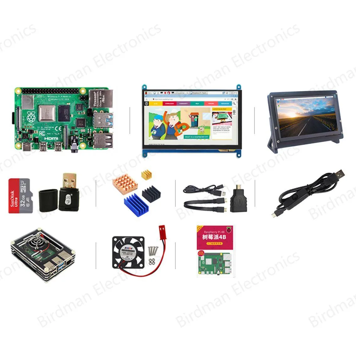 Raspberry Pi Raspberry Pi 4B 2 GB kit with 7 inch 1024 x 600 touchscreen, 32 GB card, heatsinks and acrylic case — product photo
