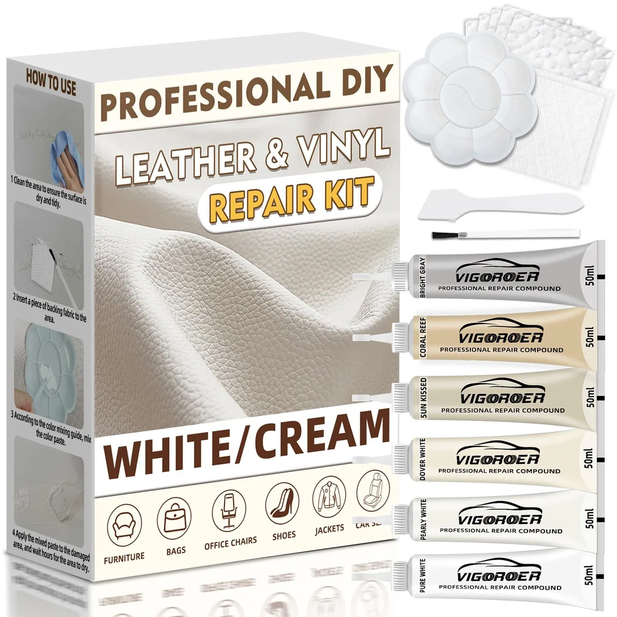 White leather repair kit box with twelve 50ml compound tubes and tools
