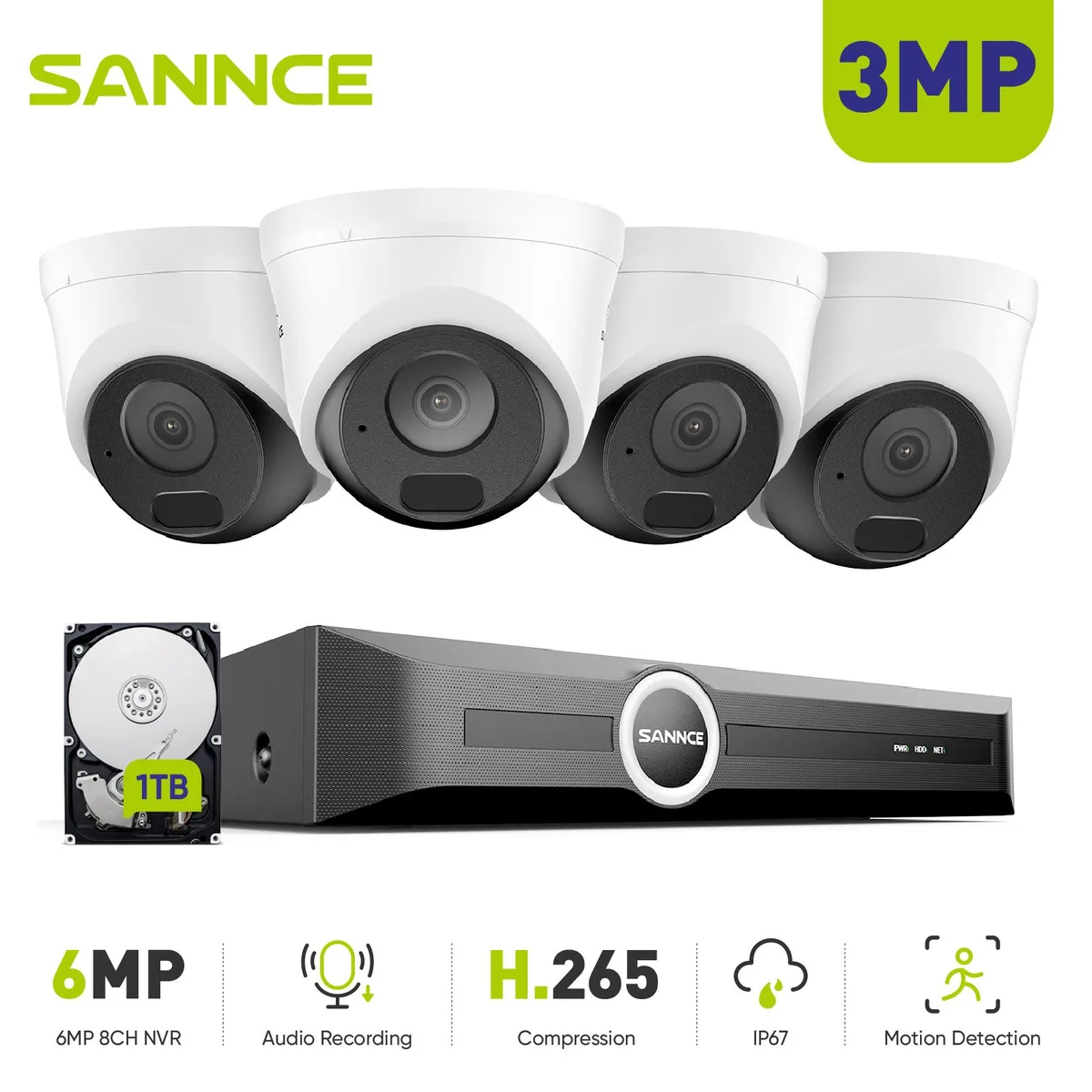 SANNCE SANNCE 3MP 8CH PoE Surveillance Security System 1TB HDD 4× Camera — product photo