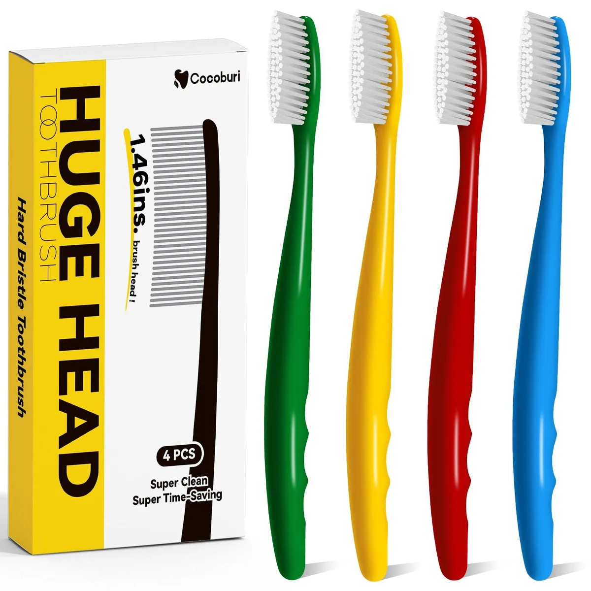 Four white manual toothbrushes with large heads and medium bristles, individually packaged