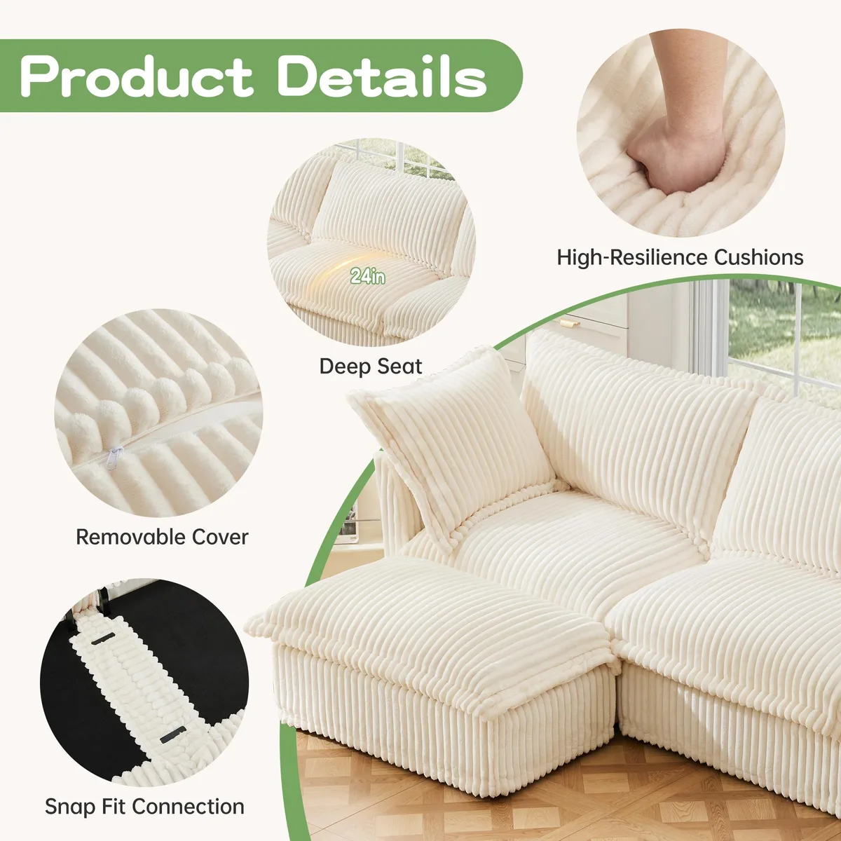 A cream corduroy two-seat sofa with deep cushions and removable slipcovers