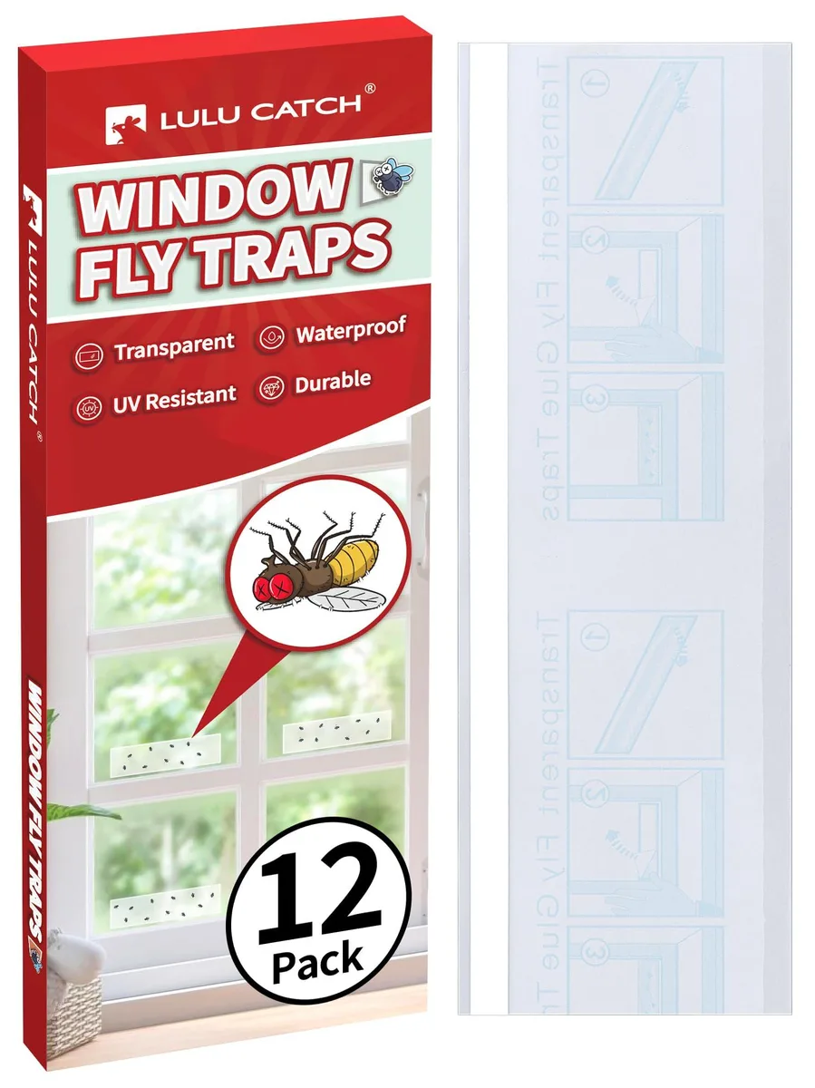Transparent rectangular sticky traps on a window, pack of 12