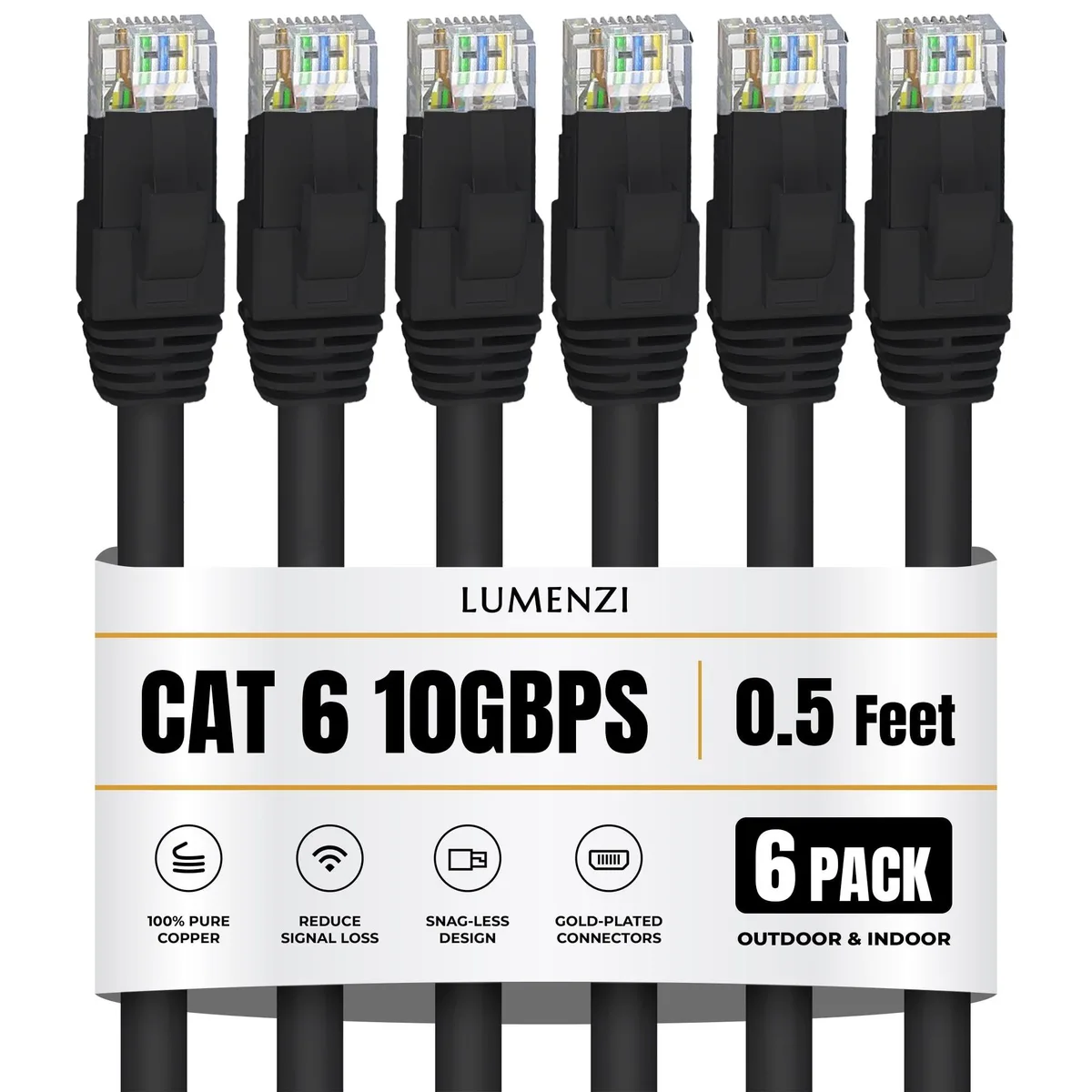 Lumenzi Lumenzi Cat 6 Ethernet Cable 0.5 FT Black 6 Pack 10 Gbps 550 MHz — product photo