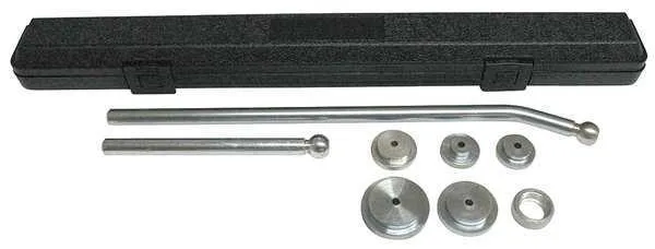 Steel freeze plug master kit with shaft, ring nut, five adapters and straight driver