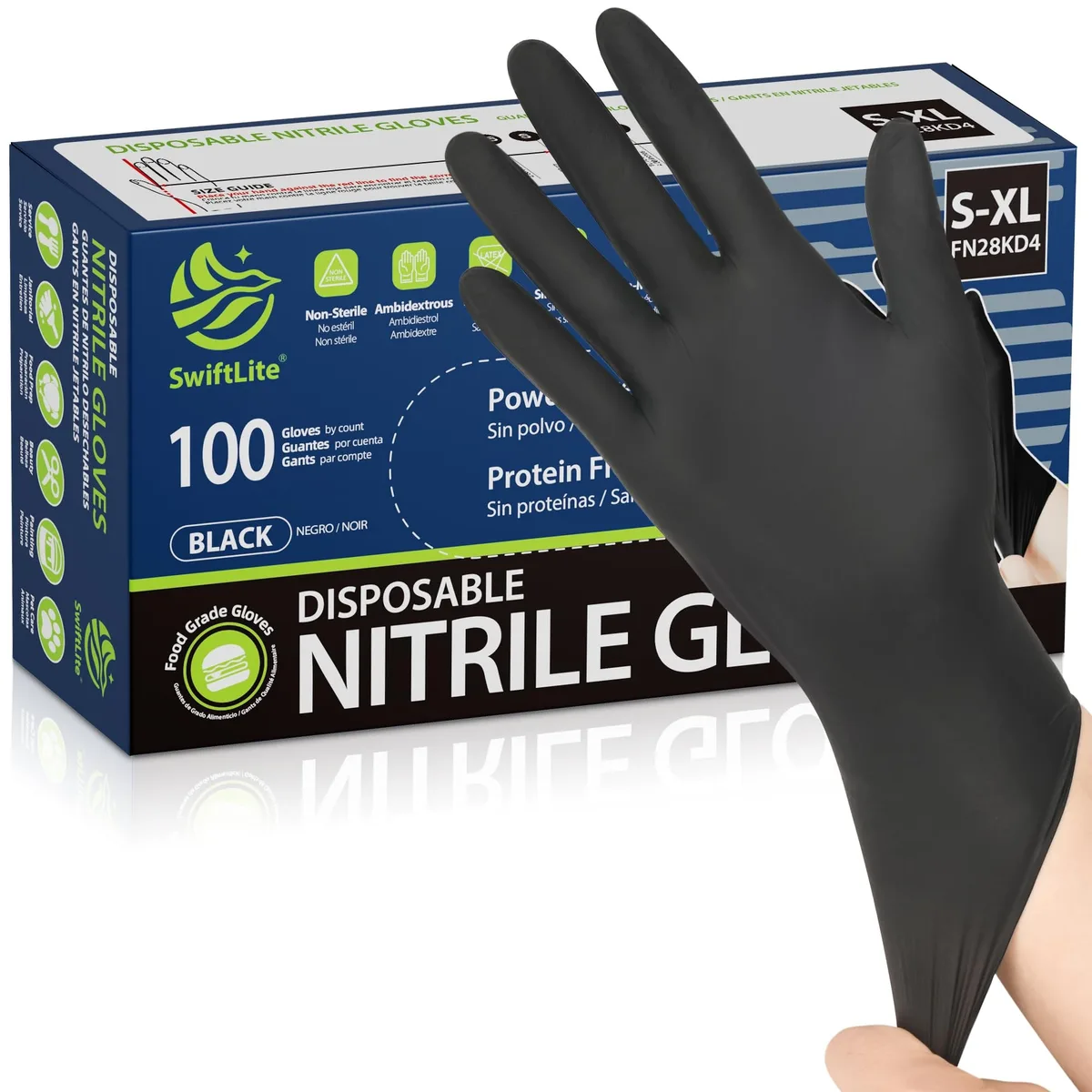 Box of 100 black nitrile disposable gloves, large size