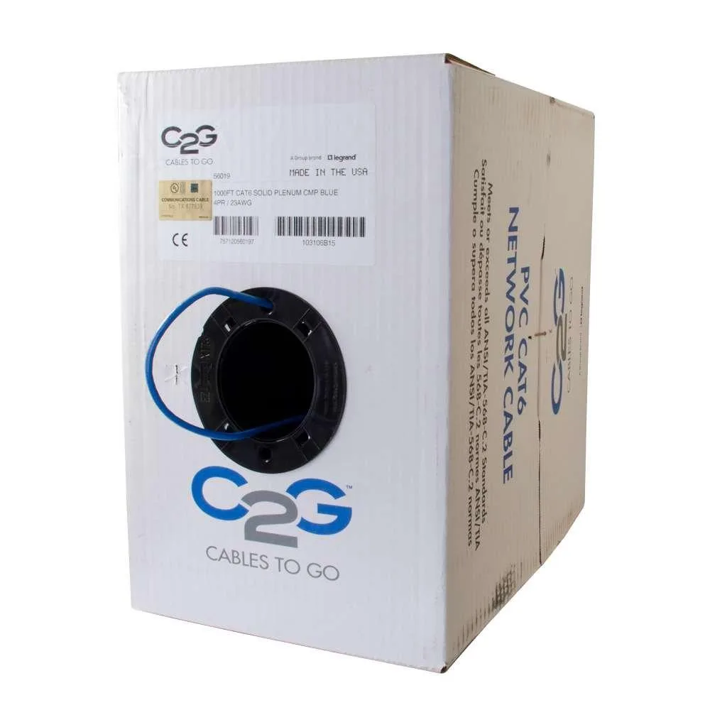 Blue bulk Cat 6 Ethernet cable on spool, 1000 ft solid UTP plenum