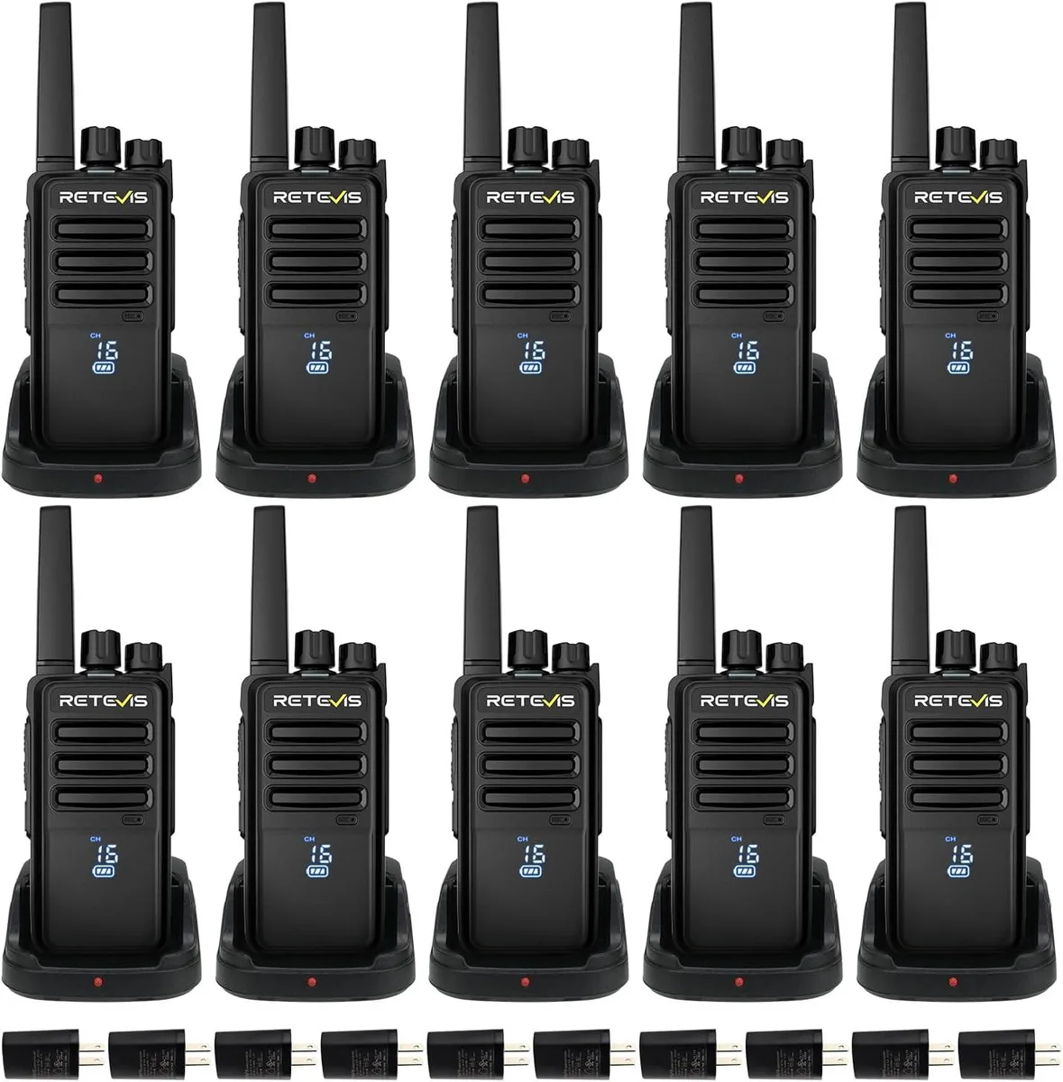 Ten black two-way radios with hidden LED displays and belt clips