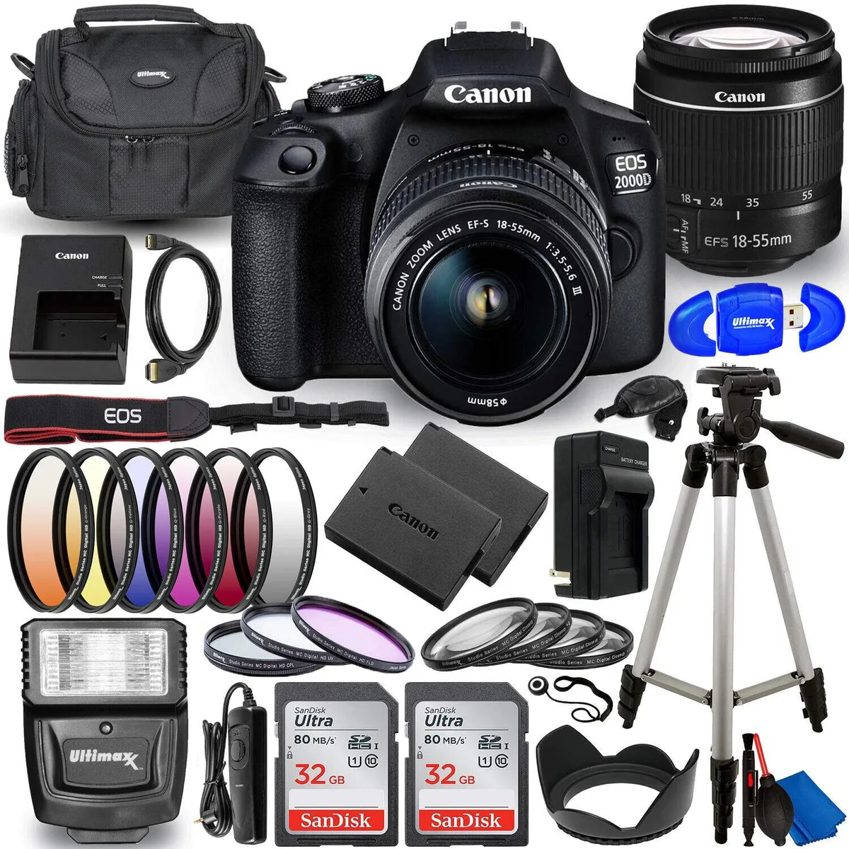 Canon International Canon EOS 2000D Rebel T7 DSLR camera with 18-55mm III lens 25-piece bundle — product photo