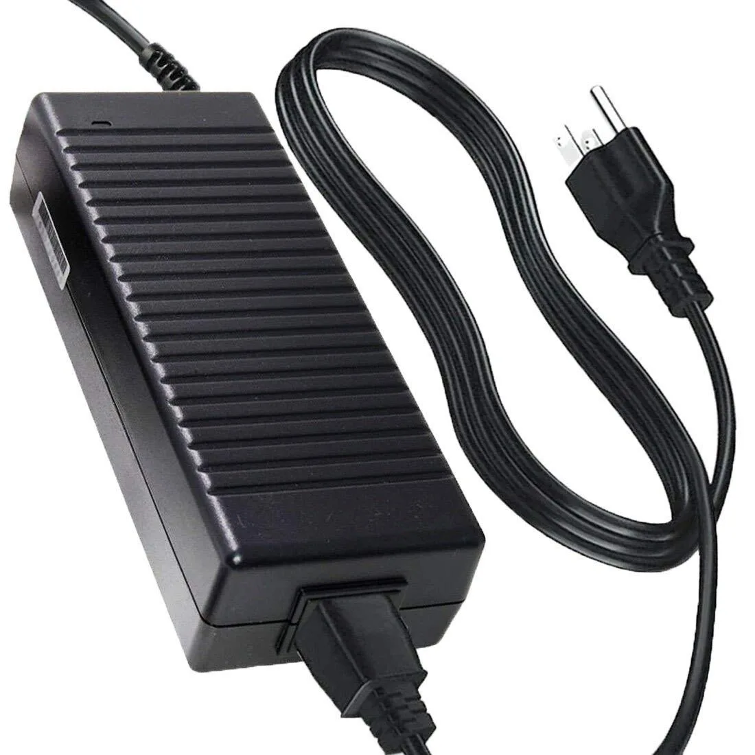 Black rectangular AC adapter brick with power cable attached