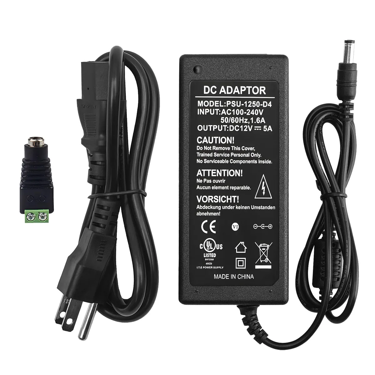 Compact black rectangular power adapter with frosted non-slip finish and two attached cables