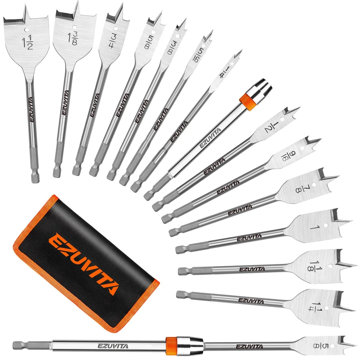 14-piece chrome spade bit set with 6-inch extension in storage pouch
