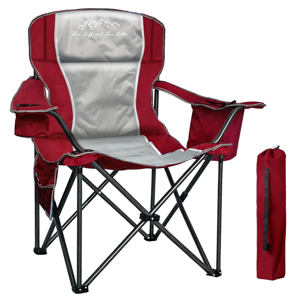 Red folding camping chair with high padded back, steel frame, cup holder and side cooler bag