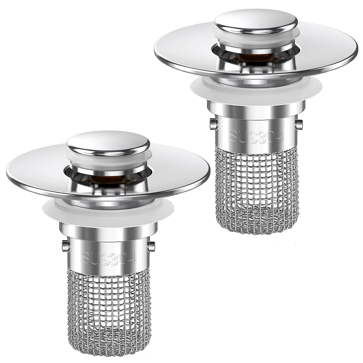 Two silver pop-up sink drain strainers with removable baskets