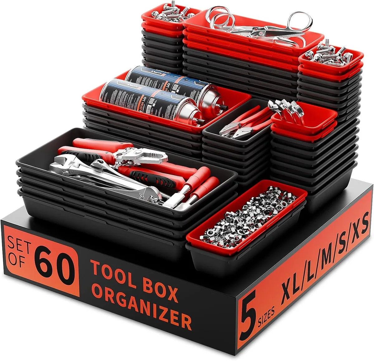 Sixty black and red plastic trays in five sizes with interlocking edges