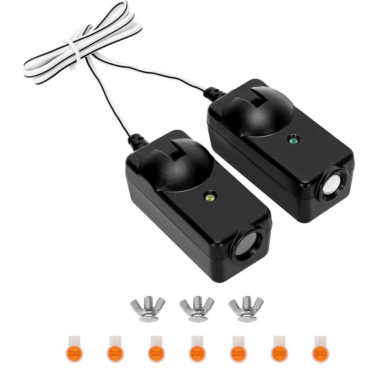 Pair of small rectangular garage door safety sensors with amber and green LEDs and mounting brackets