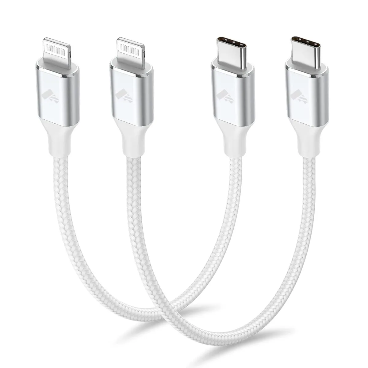 Two short braided USB-C to Lightning cables in white packaging