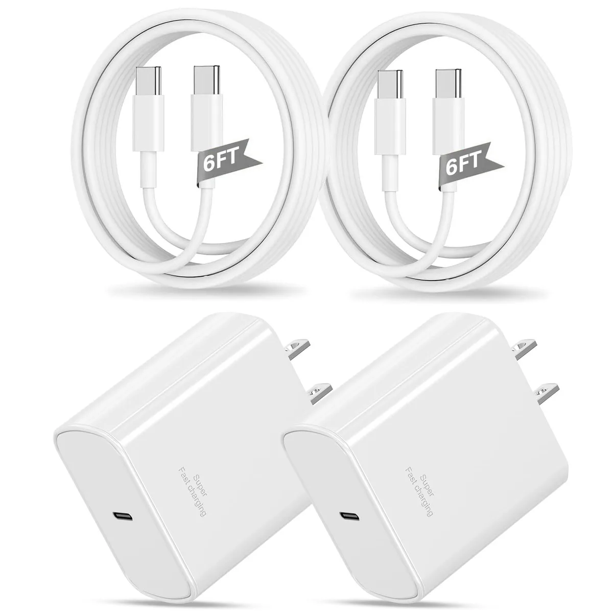 Two white 45W USB-C wall chargers with two 6ft USB-C to USB-C cables