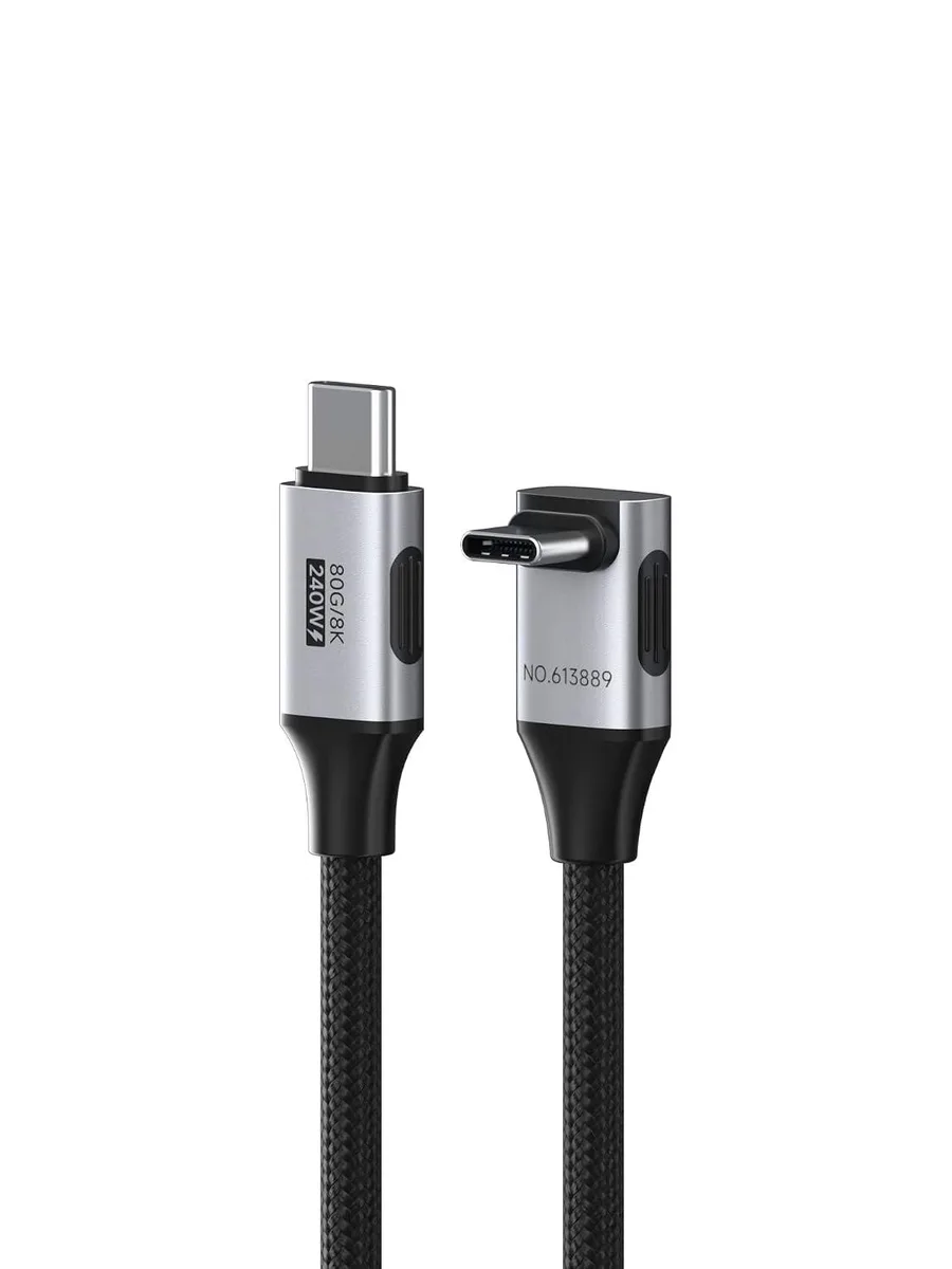 Short braided USB-C cable with 90-degree right-angle connector, 0.5 ft length