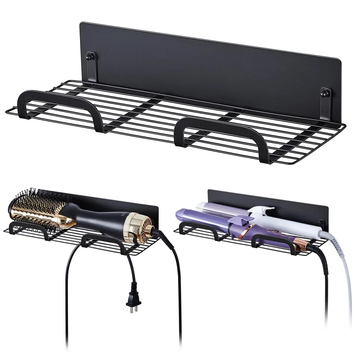 Black metal wall-mounted hair tool organizer with open slots for dryers and straighteners
