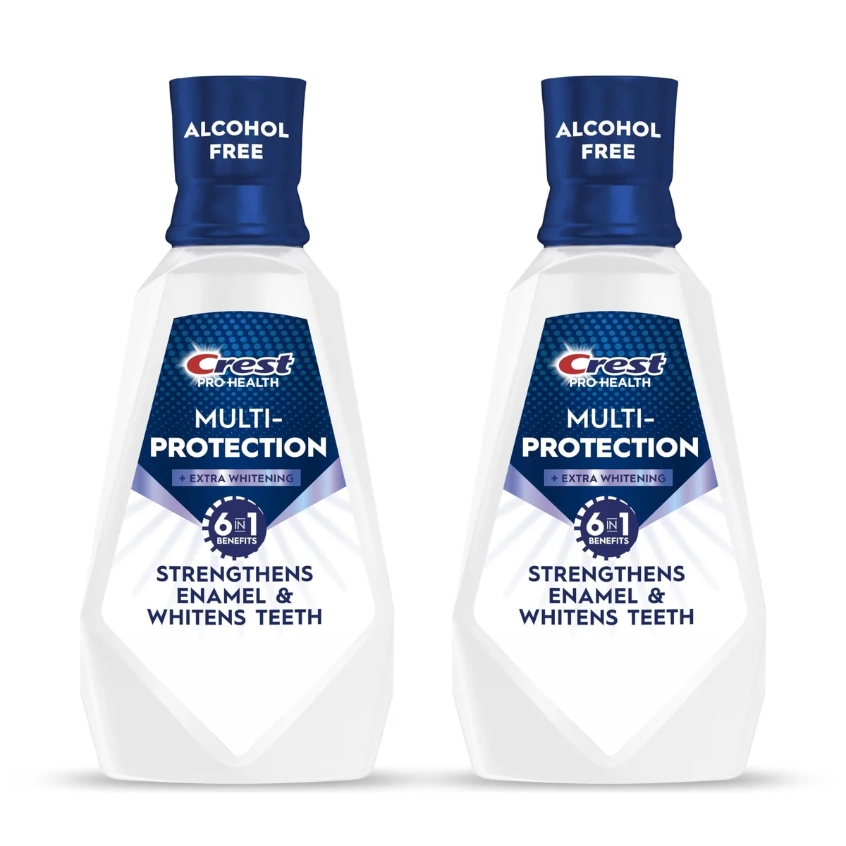 Two white plastic bottles of mint mouthwash side by side