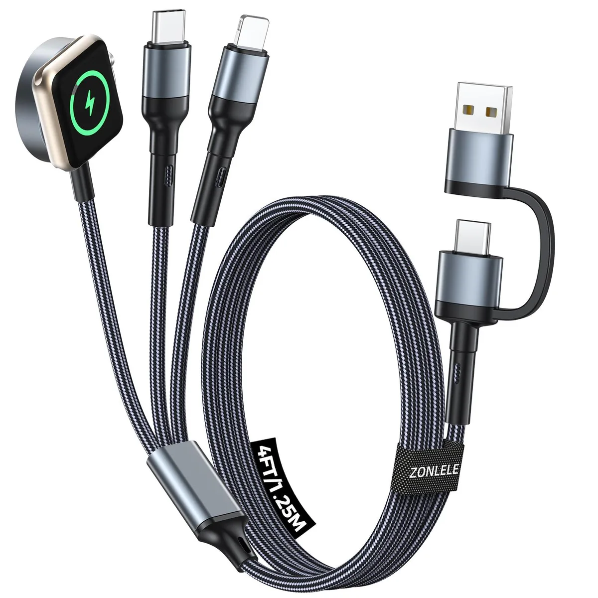 Black 4ft braided cable with USB-A, USB-C, Lightning and Apple Watch connectors