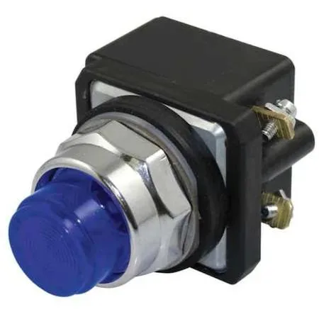 Round 30 mm chrome pilot light with blue LED lens
