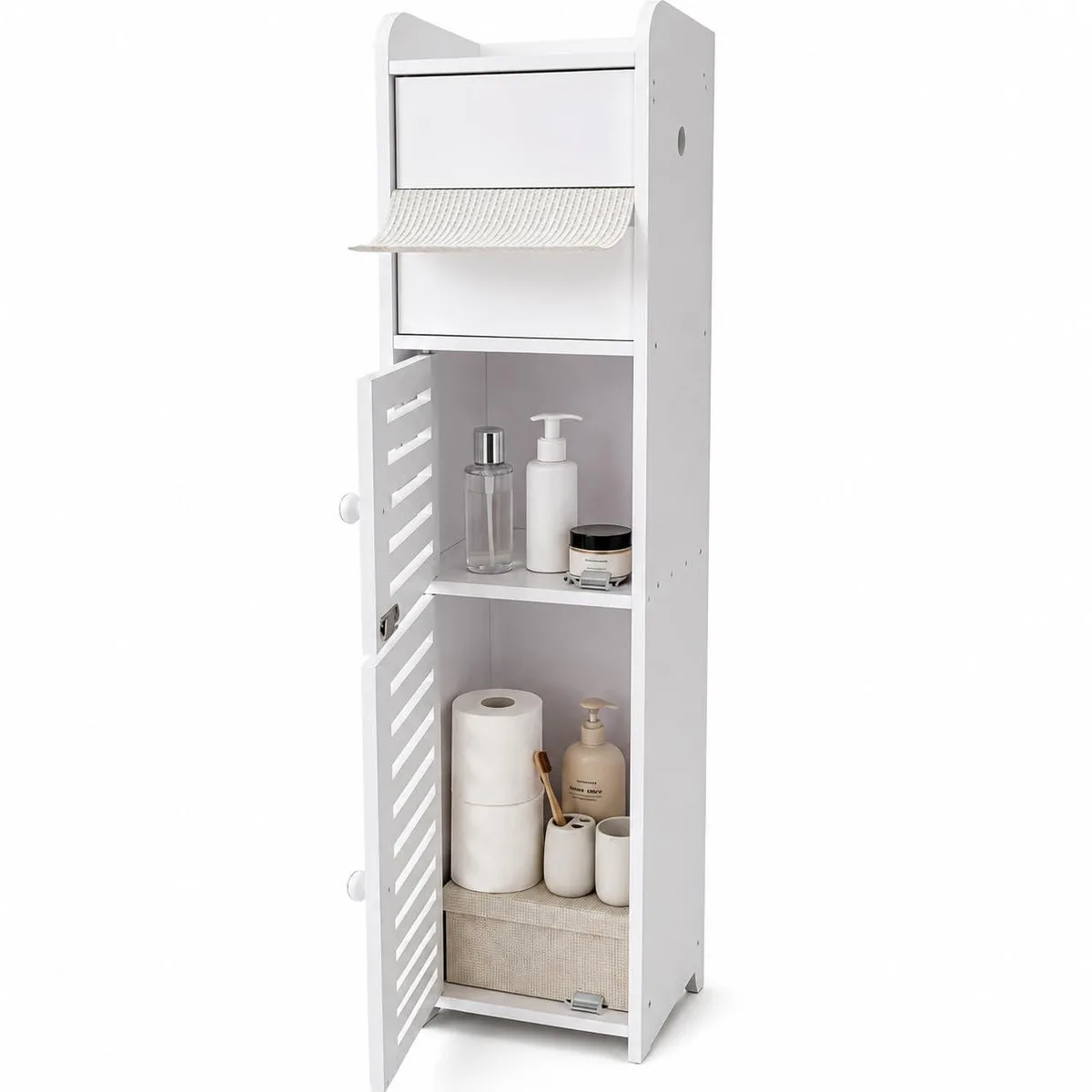Tall narrow white bathroom cabinet with door shelves and integrated toilet paper holder