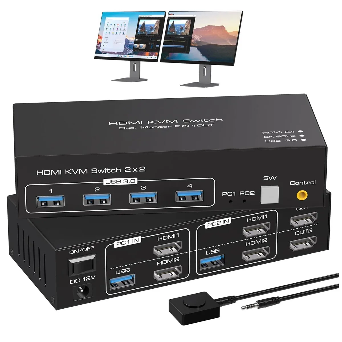 SMA SMA 8K@60Hz 4K@120Hz Dual Monitor HDMI 2.1 KVM Switch 2 Computers 4 USB 3.0 Wired Remote — product photo