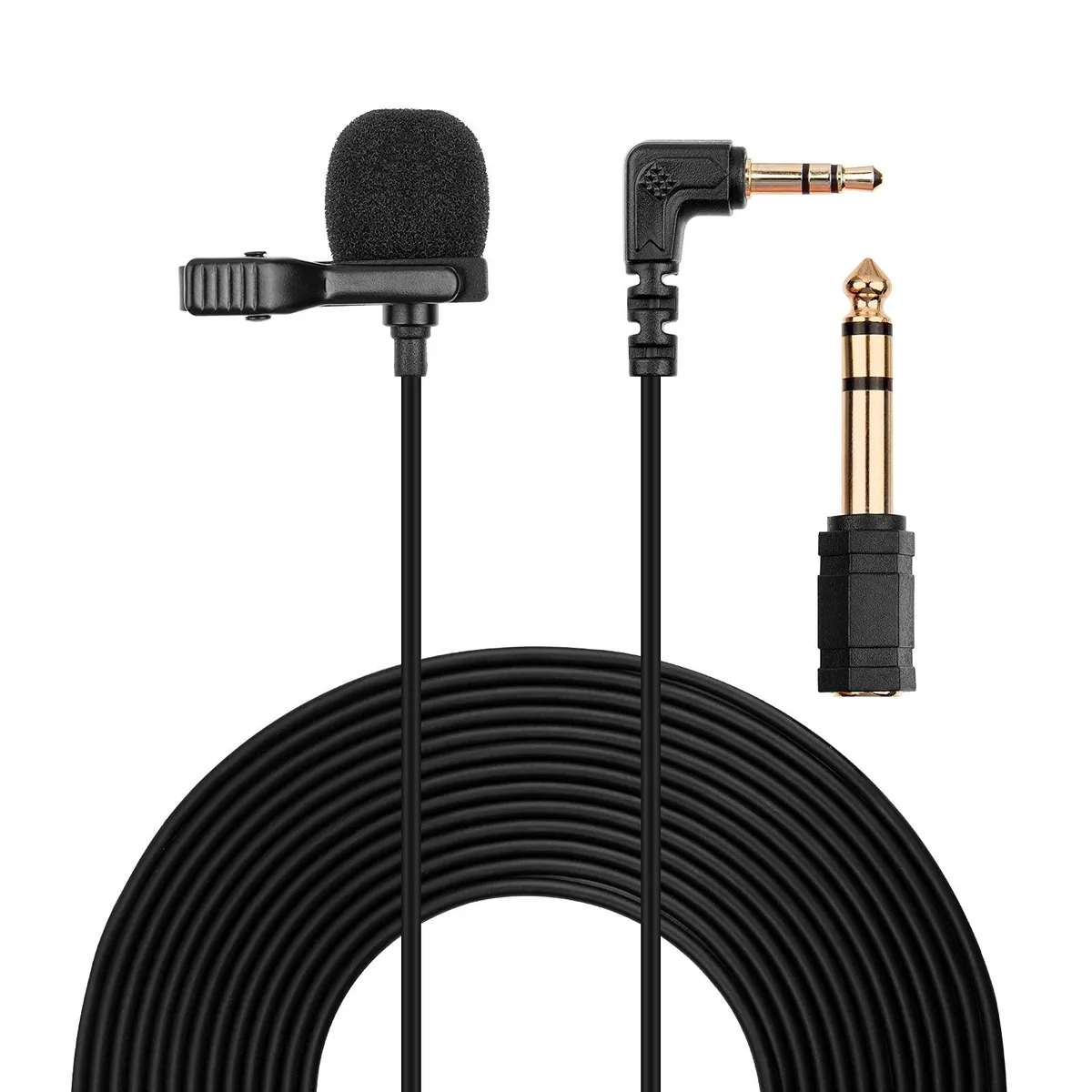 Black 3.5 mm lavalier microphone with clip and 12 ft cable