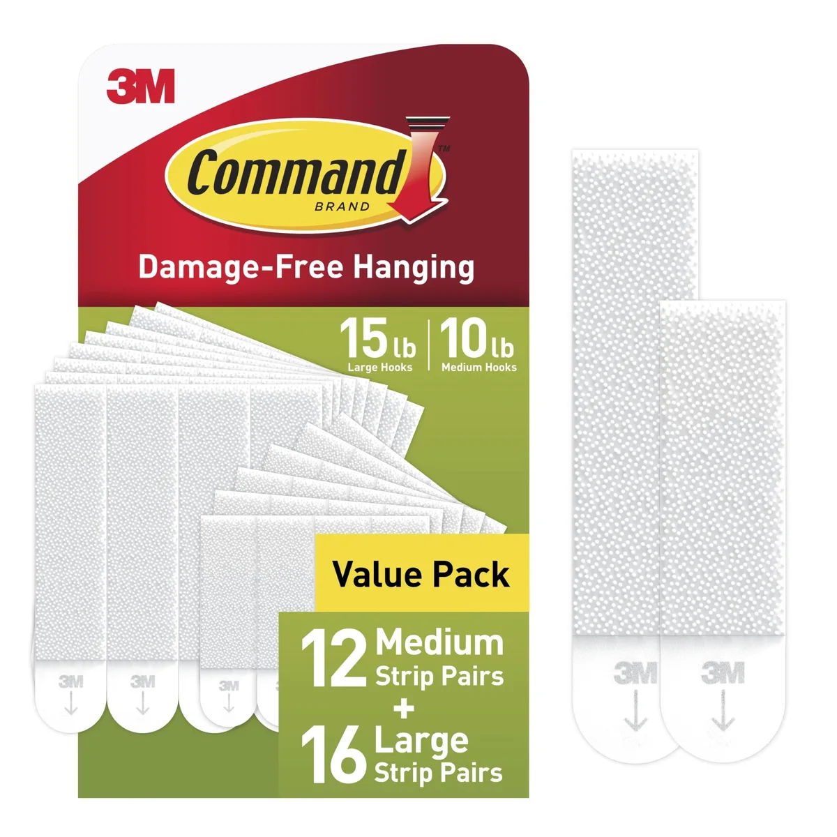 White rectangular adhesive strips in a cardboard box