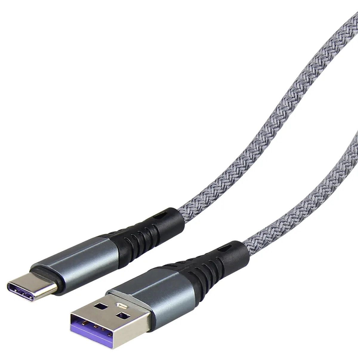 Grey braided USB-A to USB-C cable, ten feet long, male-to-male connectors