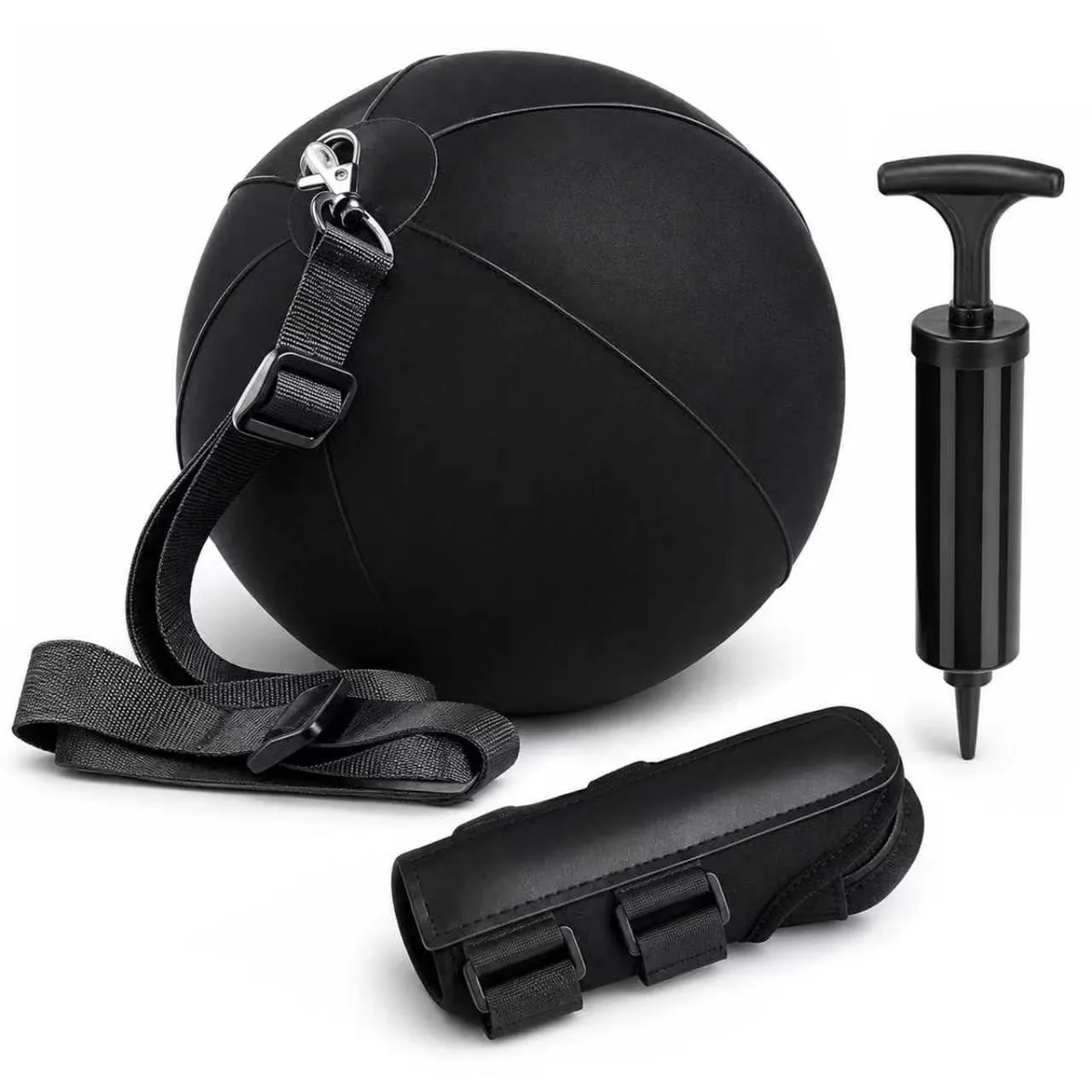 Black golf training aid set with inflatable ball wrist support and arm fix components