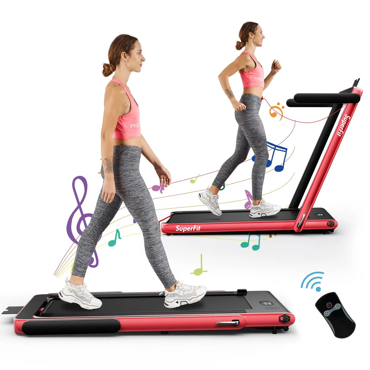 Red folding treadmill with LED display, remote, phone holder and transport wheels