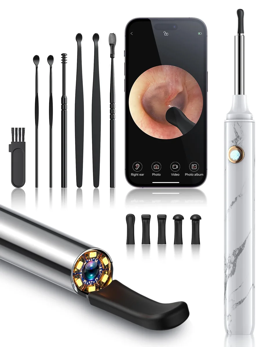White ear-cleaning otoscope with built-in 1080P camera and LED ring, plus six silicone tips and Type-C cable