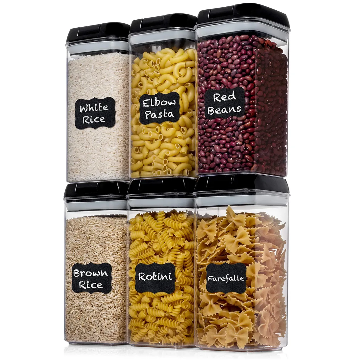 Six red airtight food storage containers with locking lids
