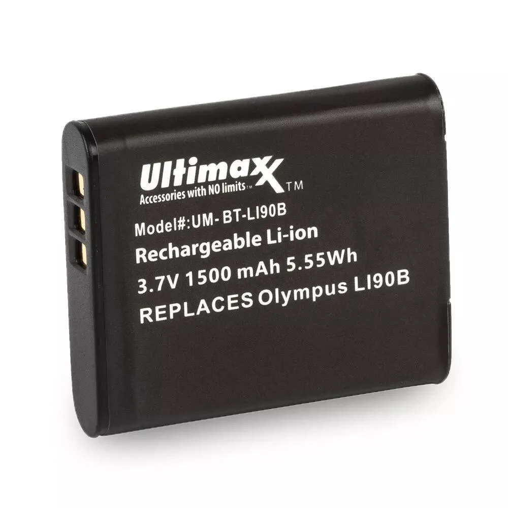 Rectangular lithium-ion camera battery with textured dark finish and gold contacts