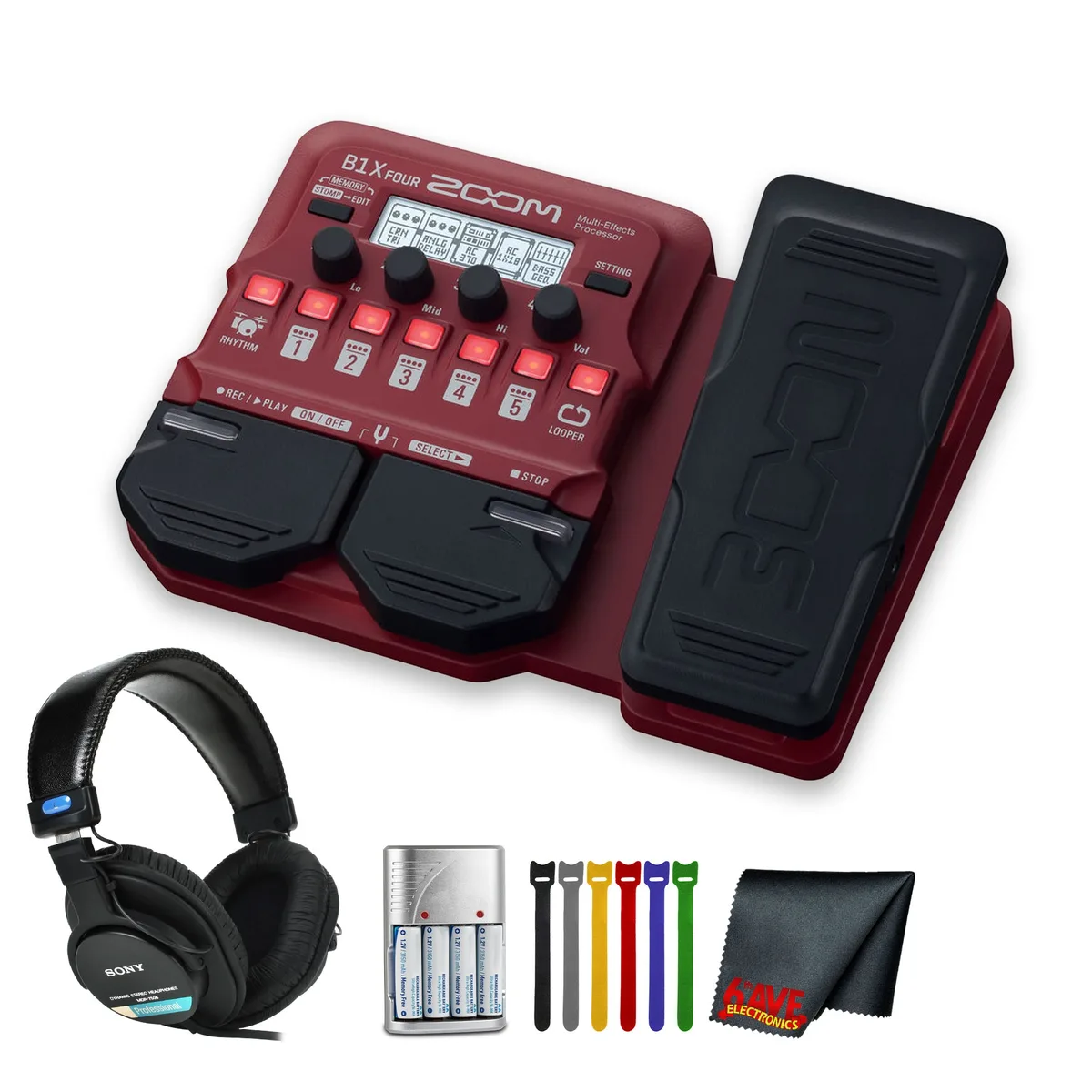 Zoom Zoom B1X Four Bass Multi-Effects Pedal with MDR-7506 Headphones — product photo