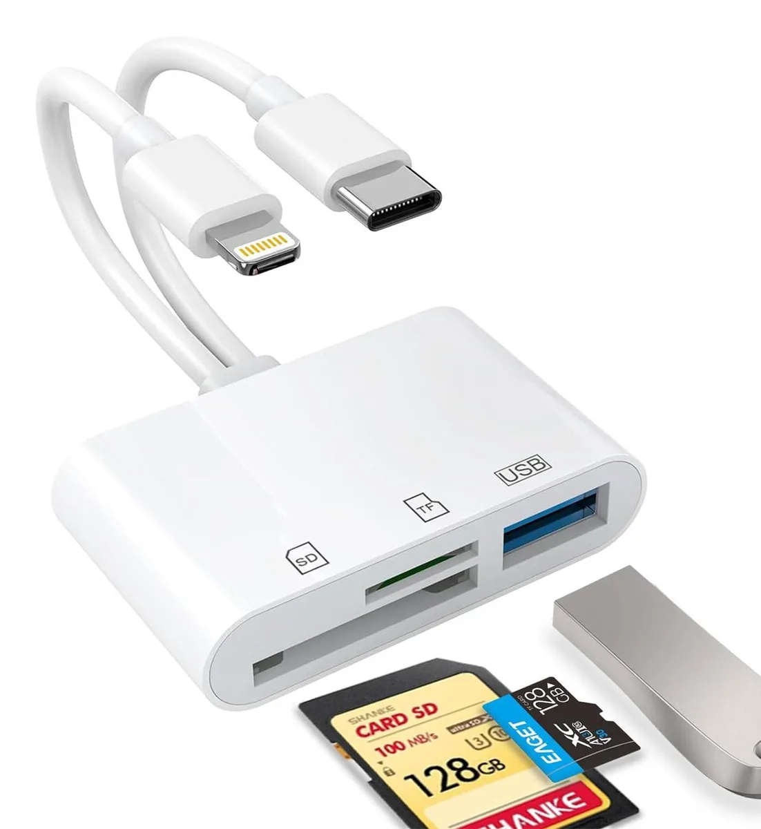 Compact black card reader with USB-C and Lightning connectors, SD and microSD slots, USB-A port